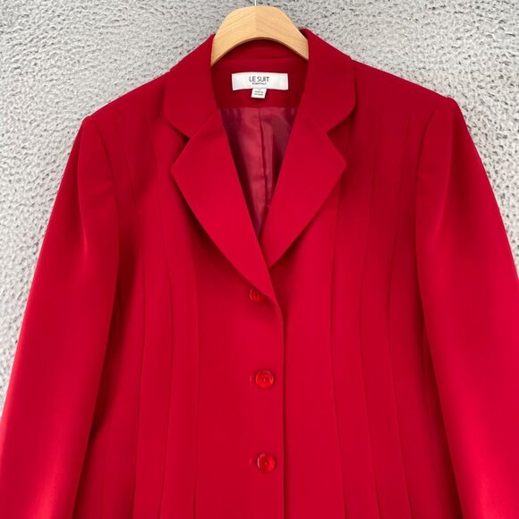 Le Suit Set Womens 12 Red Pleated Jacket Button Up Below Knee Skirt 2 Piece Work - Picture 11 of 16
